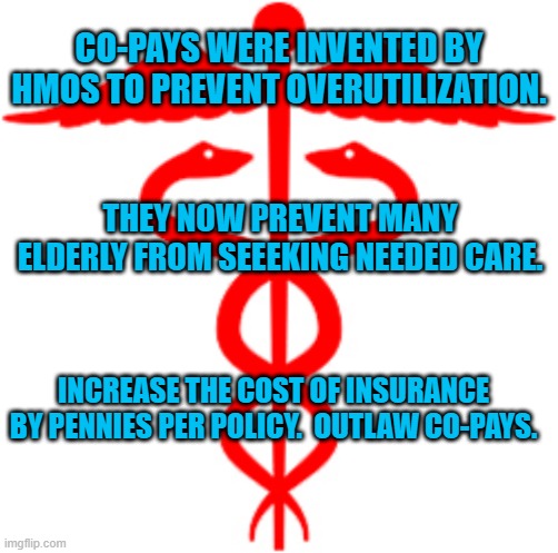 Insurance Is Meant To Share Costs. | CO-PAYS WERE INVENTED BY HMOS TO PREVENT OVERUTILIZATION. THEY NOW PREVENT MANY ELDERLY FROM SEEEKING NEEDED CARE. INCREASE THE COST OF INSURANCE BY PENNIES PER POLICY.  OUTLAW CO-PAYS. | image tagged in politics | made w/ Imgflip meme maker