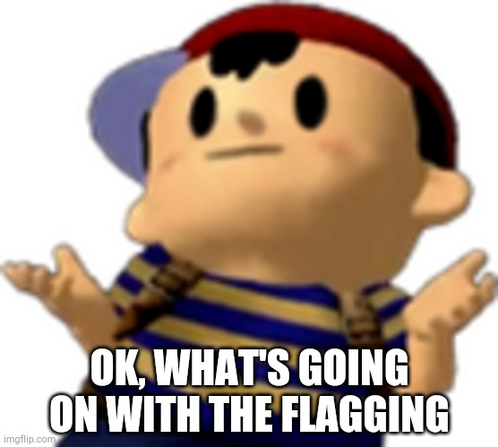 Ness shrug | OK, WHAT'S GOING ON WITH THE FLAGGING | image tagged in ness shrug | made w/ Imgflip meme maker