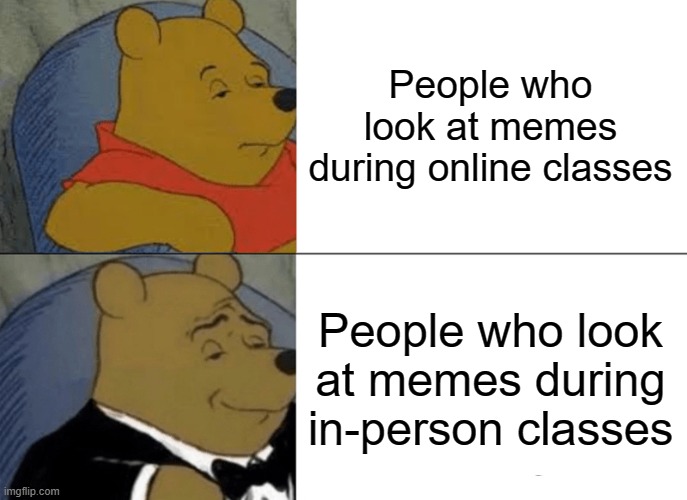 5 year old josh won the josh fight yesterday | People who look at memes during online classes; People who look at memes during in-person classes | image tagged in memes,tuxedo winnie the pooh | made w/ Imgflip meme maker