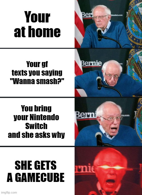 Either way, I would've enjoyed it | Your at home; Your gf texts you saying "Wanna smash?"; You bring your Nintendo Switch and she asks why; SHE GETS A GAMECUBE | image tagged in bernie sanders reaction nuked | made w/ Imgflip meme maker