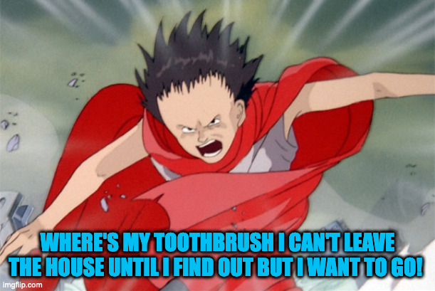 Akira |  WHERE'S MY TOOTHBRUSH I CAN'T LEAVE THE HOUSE UNTIL I FIND OUT BUT I WANT TO GO! | image tagged in akira | made w/ Imgflip meme maker