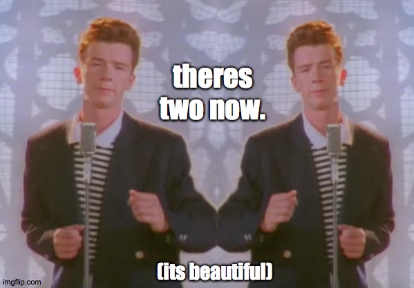 theres two now. (its beautiful) | image tagged in rickrolling,stop reading the tags | made w/ Imgflip meme maker