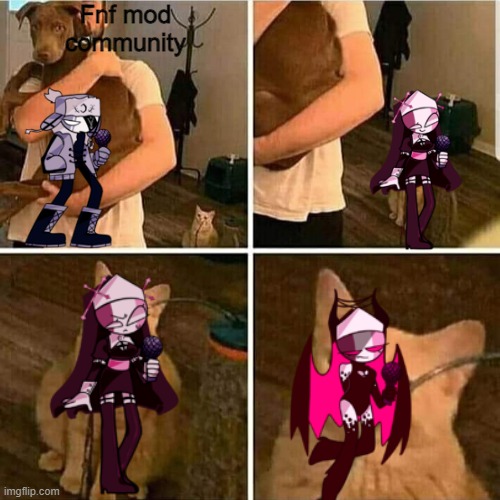 Meme-fight Masses | Fnf mod community | image tagged in sad cat holding dog,friday night funkin | made w/ Imgflip meme maker