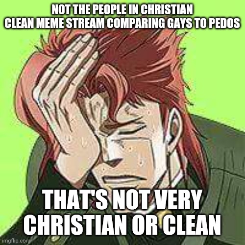 It's sad people are so stupid sometimes | NOT THE PEOPLE IN CHRISTIAN CLEAN MEME STREAM COMPARING GAYS TO PEDOS; THAT'S NOT VERY CHRISTIAN OR CLEAN | image tagged in kakyoin | made w/ Imgflip meme maker