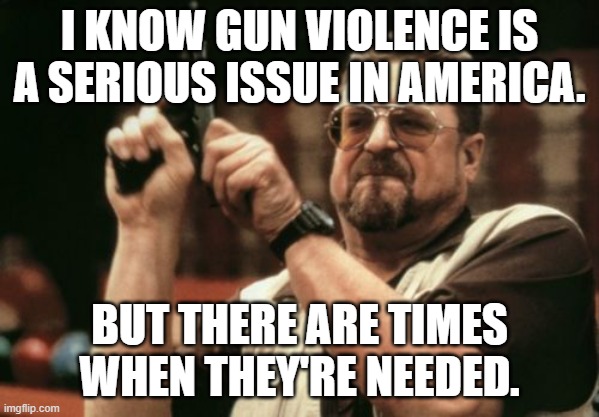 Protecting yourself and family from an invader, hunting etc. | I KNOW GUN VIOLENCE IS A SERIOUS ISSUE IN AMERICA. BUT THERE ARE TIMES WHEN THEY'RE NEEDED. | image tagged in memes,am i the only one around here,guns,gun laws,hunting | made w/ Imgflip meme maker