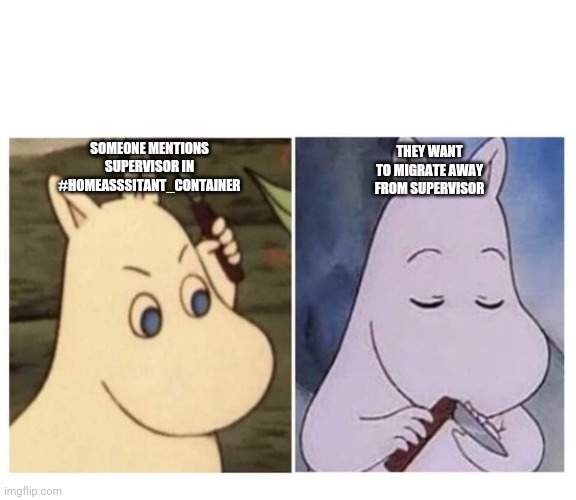 moomin knife | THEY WANT TO MIGRATE AWAY FROM SUPERVISOR; SOMEONE MENTIONS SUPERVISOR IN #HOMEASSSITANT_CONTAINER | image tagged in moomin knife | made w/ Imgflip meme maker