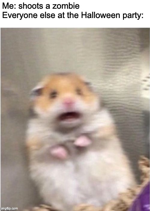 Scared Hamster |  Me: shoots a zombie
Everyone else at the Halloween party: | image tagged in scared hamster,halloween | made w/ Imgflip meme maker