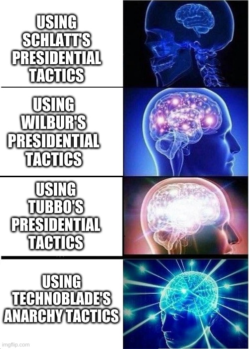 Who was honestly the best president | USING SCHLATT'S PRESIDENTIAL TACTICS; USING WILBUR'S PRESIDENTIAL TACTICS; USING TUBBO'S PRESIDENTIAL TACTICS; USING TECHNOBLADE'S ANARCHY TACTICS | image tagged in memes,expanding brain | made w/ Imgflip meme maker