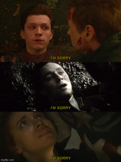 My compilation of Marvel people saying "I'm sorry" before dying in someone's arms: |  I'M SORRY; I'M SORRY; I'M SORRY | image tagged in avengers infinity war,loki,peter parker,marvel,mcu | made w/ Imgflip meme maker