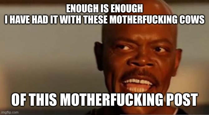 Snakes on the Plane Samuel L Jackson | ENOUGH IS ENOUGH
I HAVE HAD IT WITH THESE MOTHERFUCKING COWS OF THIS MOTHERFUCKING POST | image tagged in snakes on the plane samuel l jackson | made w/ Imgflip meme maker
