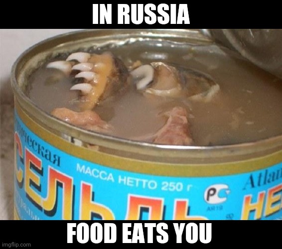NOT GONNA EAT THAT | IN RUSSIA; FOOD EATS YOU | image tagged in wtf,meanwhile in russia,food,fail | made w/ Imgflip meme maker
