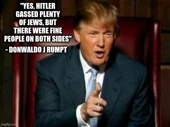 Donald Trump | "YES, HITLER GASSED PLENTY OF JEWS, BUT THERE WERE FINE PEOPLE ON BOTH SIDES"; - DONWALDO J RUMPT | image tagged in donald trump | made w/ Imgflip meme maker