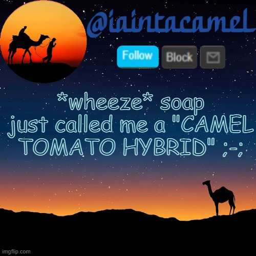 iaintacamel | *wheeze* soap just called me a "CAMEL TOMATO HYBRID" ;-; | image tagged in iaintacamel | made w/ Imgflip meme maker