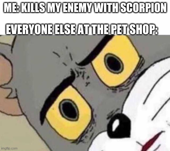 Tom Cat Unsettled Close up | ME: KILLS MY ENEMY WITH SCORPION; EVERYONE ELSE AT THE PET SHOP: | image tagged in tom cat unsettled close up | made w/ Imgflip meme maker