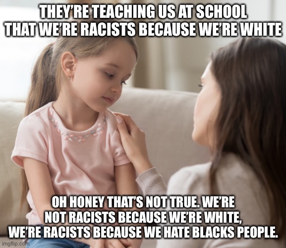 Is This True 101 | THEY’RE TEACHING US AT SCHOOL THAT WE’RE RACISTS BECAUSE WE’RE WHITE; OH HONEY THAT’S NOT TRUE. WE’RE NOT RACISTS BECAUSE WE’RE WHITE, WE’RE RACISTS BECAUSE WE HATE BLACKS PEOPLE. | image tagged in racist,racism,white privilege,white people,critical race theory,kids | made w/ Imgflip meme maker