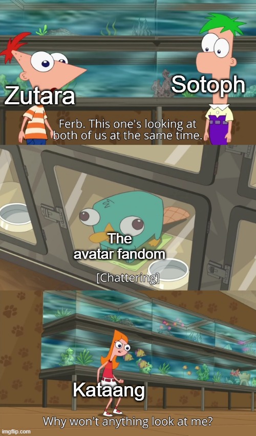 Shippers be like: | Sotoph; Zutara; The avatar fandom; Kataang | image tagged in why won't anything look at me,phineas and ferb,avatar the last airbender,avatar,shipping,unnecessary tags | made w/ Imgflip meme maker