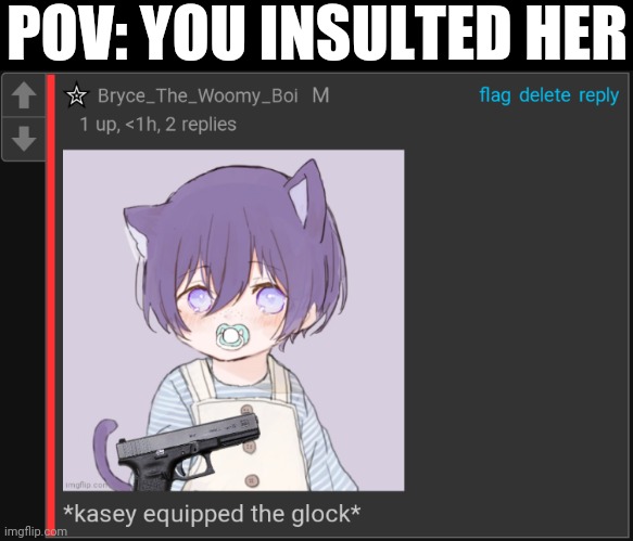 *kasey equipped the glock* | POV: YOU INSULTED HER | image tagged in kasey equipped the glock | made w/ Imgflip meme maker