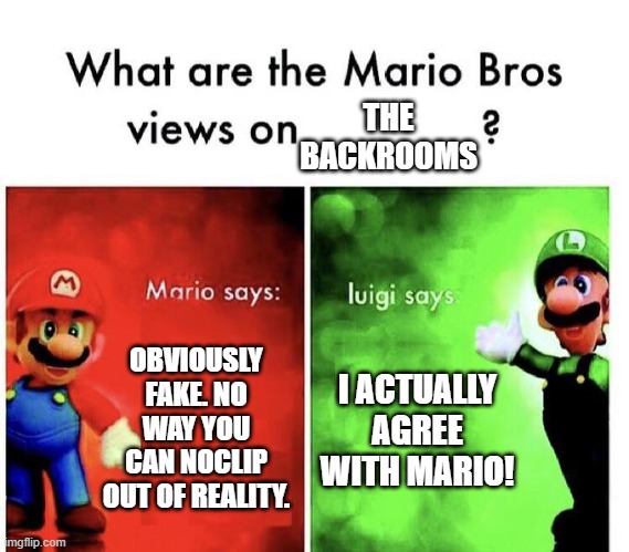 the bros actually agree! (also u can believe in the backrooms) | THE BACKROOMS; OBVIOUSLY FAKE. NO WAY YOU CAN NOCLIP OUT OF REALITY. I ACTUALLY AGREE WITH MARIO! | image tagged in mario bros views,luigi agrees with mario,fun,meme | made w/ Imgflip meme maker