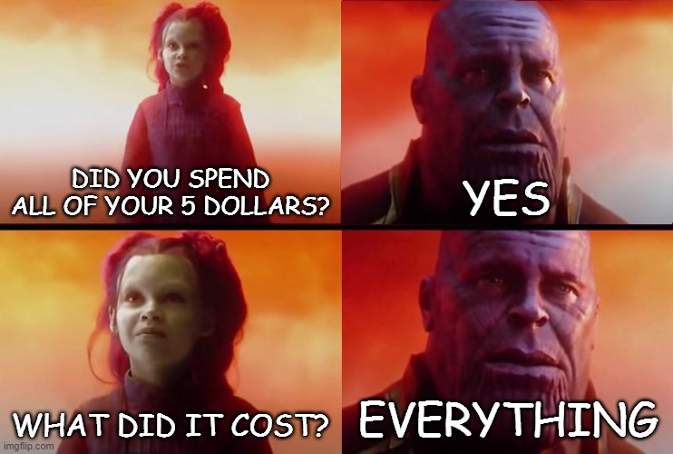 Thanos broke Xd | DID YOU SPEND ALL OF YOUR 5 DOLLARS? YES; WHAT DID IT COST? EVERYTHING | image tagged in thanos what did it cost | made w/ Imgflip meme maker