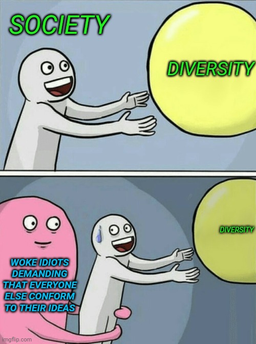 Running Away Balloon | SOCIETY; DIVERSITY; DIVERSITY; WOKE IDIOTS DEMANDING THAT EVERYONE ELSE CONFORM TO THEIR IDEAS | image tagged in memes,running away balloon | made w/ Imgflip meme maker