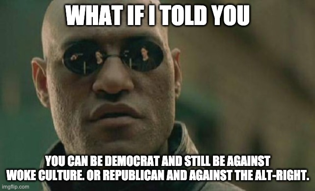 Nothing is Black and White | WHAT IF I TOLD YOU; YOU CAN BE DEMOCRAT AND STILL BE AGAINST WOKE CULTURE. OR REPUBLICAN AND AGAINST THE ALT-RIGHT. | image tagged in memes,matrix morpheus | made w/ Imgflip meme maker