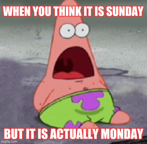 Sunday, but t Monday (ft. Patrick Star) | WHEN YOU THINK IT IS SUNDAY; BUT IT IS ACTUALLY MONDAY | image tagged in memes,funny memes,patrick star,monday,sunday | made w/ Imgflip meme maker