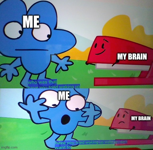 Me on a daily basis | ME; MY BRAIN; ME; MY BRAIN | image tagged in bfb,sleep | made w/ Imgflip meme maker