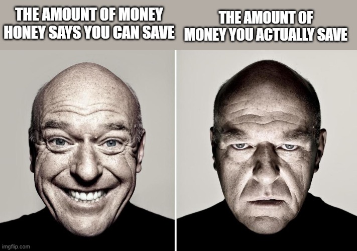 yeaaaaaa | THE AMOUNT OF MONEY YOU ACTUALLY SAVE; THE AMOUNT OF MONEY HONEY SAYS YOU CAN SAVE | image tagged in good and bad | made w/ Imgflip meme maker