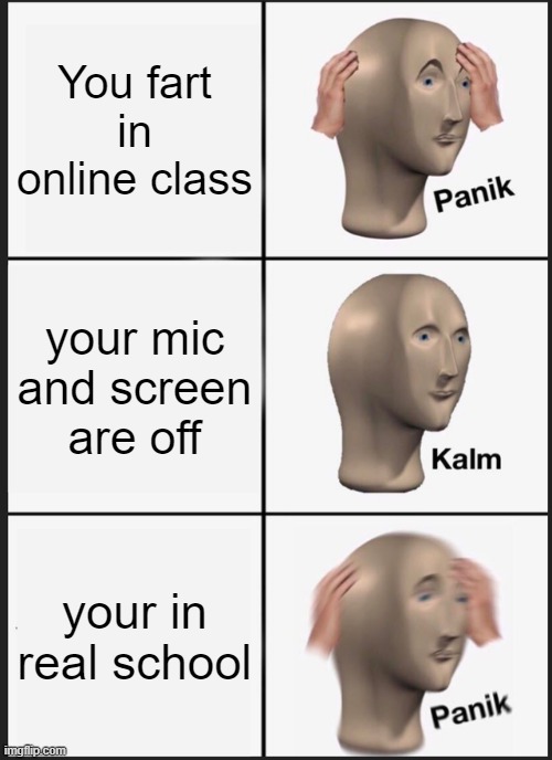 When your too used to online class | You fart in online class; your mic and screen are off; your in real school | image tagged in memes,panik kalm panik | made w/ Imgflip meme maker