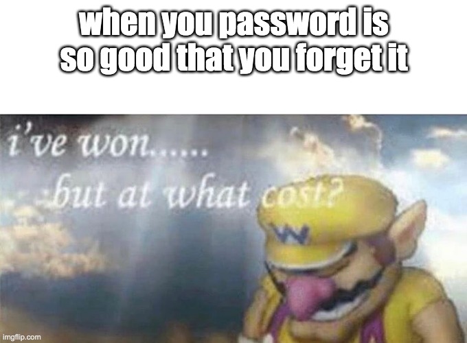 took me 2 hours to remember my password | when you password is so good that you forget it | image tagged in ive won but at what cost,wario sad | made w/ Imgflip meme maker