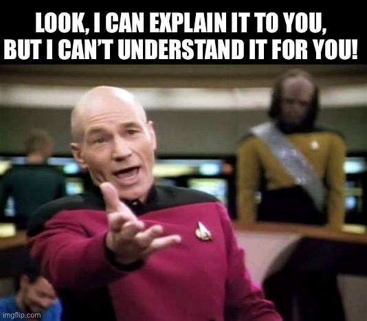 Explain | LOOK, I CAN EXPLAIN IT TO YOU, BUT I CAN’T UNDERSTAND IT FOR YOU! | image tagged in memes,picard wtf | made w/ Imgflip meme maker