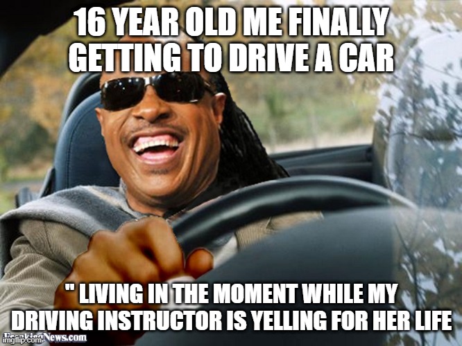 Stevie Wonder Driving | 16 YEAR OLD ME FINALLY GETTING TO DRIVE A CAR; " LIVING IN THE MOMENT WHILE MY DRIVING INSTRUCTOR IS YELLING FOR HER LIFE | image tagged in stevie wonder driving | made w/ Imgflip meme maker