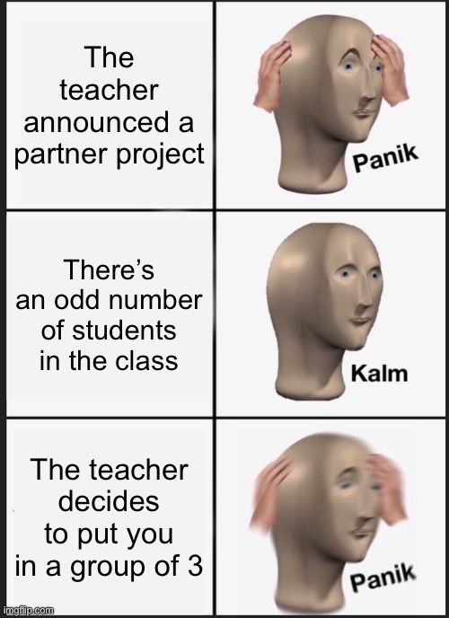 The struggles of introverts | The teacher announced a partner project; There’s an odd number of students in the class; The teacher decides to put you in a group of 3 | image tagged in memes,panik kalm panik,school,introvert | made w/ Imgflip meme maker
