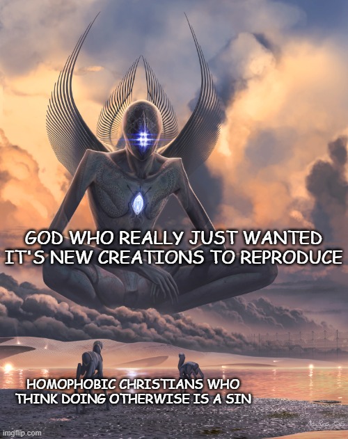God: You can stop now, You're already overpopulating! xD | GOD WHO REALLY JUST WANTED IT'S NEW CREATIONS TO REPRODUCE; HOMOPHOBIC CHRISTIANS WHO THINK DOING OTHERWISE IS A SIN | image tagged in metahuman,god,homophobic,lgbt | made w/ Imgflip meme maker