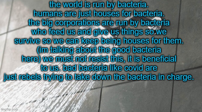 ultimate shower thought | the world is run by bacteria. humans are just houses for bacteria. the big corporations are run by bacteria who feed us and give us things so we survive so we can keep being houses for them. (im talking about the good bacteria here) we must not resist this, it is beneficial to us. bad bacteria like covid are just rebels trying to take down the bacteria in charge. | image tagged in shower thoughts | made w/ Imgflip meme maker