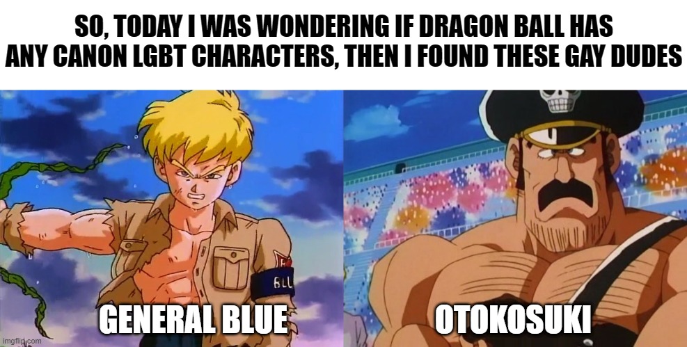 Dragon Balls | SO, TODAY I WAS WONDERING IF DRAGON BALL HAS ANY CANON LGBT CHARACTERS, THEN I FOUND THESE GAY DUDES; GENERAL BLUE                        OTOKOSUKI | image tagged in dragon ball,lgbt,gay,general blue,anime,manga | made w/ Imgflip meme maker