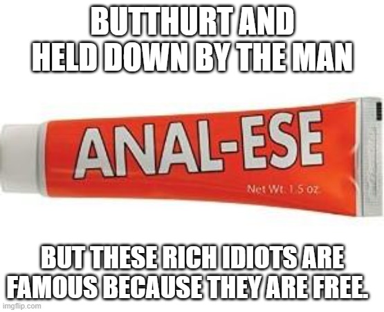 Butthurt | BUTTHURT AND HELD DOWN BY THE MAN BUT THESE RICH IDIOTS ARE FAMOUS BECAUSE THEY ARE FREE. | image tagged in butthurt | made w/ Imgflip meme maker
