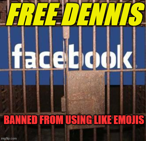 Facebook jail | FREE DENNIS; BANNED FROM USING LIKE EMOJIS | image tagged in facebook jail | made w/ Imgflip meme maker