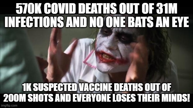 And everybody loses their minds | 570K COVID DEATHS OUT OF 31M INFECTIONS AND NO ONE BATS AN EYE; 1K SUSPECTED VACCINE DEATHS OUT OF 200M SHOTS AND EVERYONE LOSES THEIR MINDS! | image tagged in memes,and everybody loses their minds | made w/ Imgflip meme maker