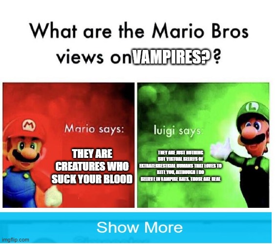 why won't Luigi believe in ANYTHING?!?! | VAMPIRES? THEY ARE CREATURES WHO SUCK YOUR BLOOD; THEY ARE JUST NOTHING BUT VIRTUAL BELIEFS OF EXTRATERRESTRIAL HUMANS THAT LOVES TO BITE YOU, ALTHOUGH I DO BELIEVE IN VAMPIRE BATS. THOSE ARE REAL | image tagged in mario bros views | made w/ Imgflip meme maker