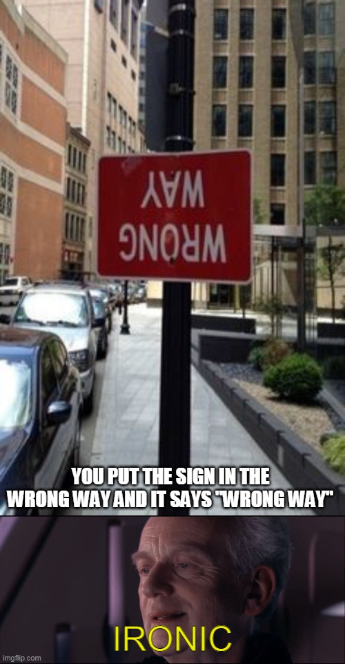 Most ironic failure | YOU PUT THE SIGN IN THE WRONG WAY AND IT SAYS "WRONG WAY"; IRONIC | image tagged in palpatine ironic | made w/ Imgflip meme maker