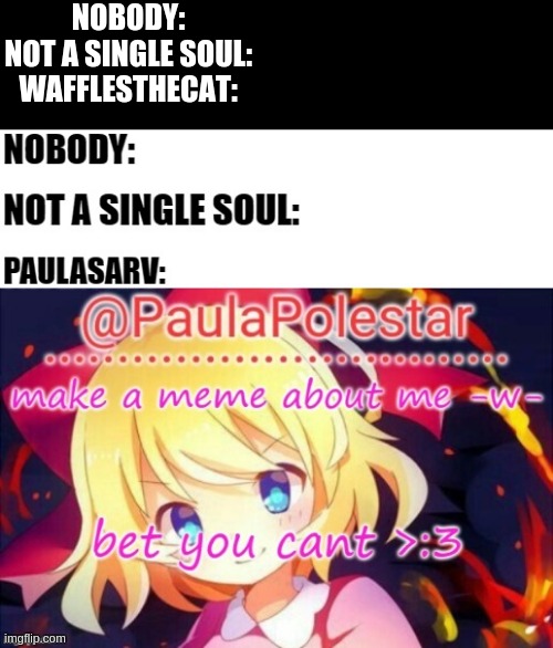 NOBODY:
NOT A SINGLE SOUL:
WAFFLESTHECAT: | made w/ Imgflip meme maker