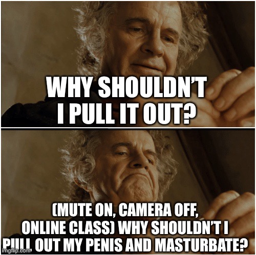 Bilbo - Why shouldn’t I keep it? | WHY SHOULDN’T I PULL IT OUT? (MUTE ON, CAMERA OFF, ONLINE CLASS) WHY SHOULDN’T I PULL OUT MY PENIS AND MASTURBATE? | image tagged in bilbo - why shouldn t i keep it | made w/ Imgflip meme maker