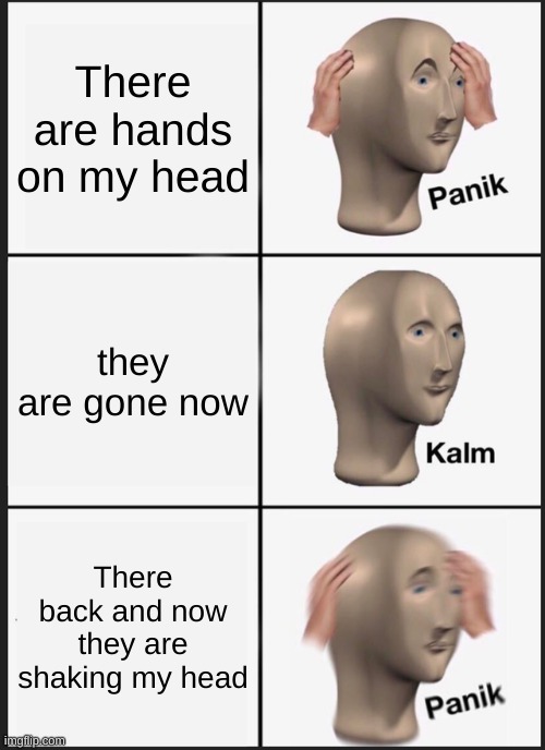 Panik Kalm Panik Meme |  There are hands on my head; they are gone now; There back and now they are shaking my head | image tagged in memes,panik kalm panik | made w/ Imgflip meme maker