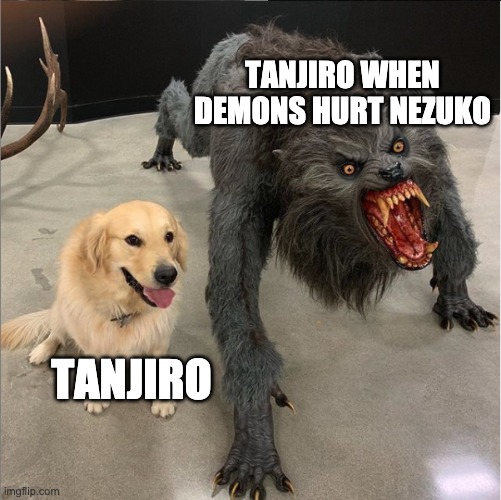 dog vs werewolf | TANJIRO WHEN DEMONS HURT NEZUKO; TANJIRO | image tagged in dog vs werewolf | made w/ Imgflip meme maker