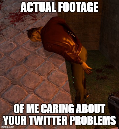 twitter | ACTUAL FOOTAGE; OF ME CARING ABOUT YOUR TWITTER PROBLEMS | image tagged in twitter,garry's mod | made w/ Imgflip meme maker