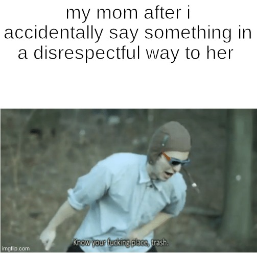 this is a joke my mom and dad love me | my mom after i accidentally say something in a disrespectful way to her | image tagged in know your place trash | made w/ Imgflip meme maker