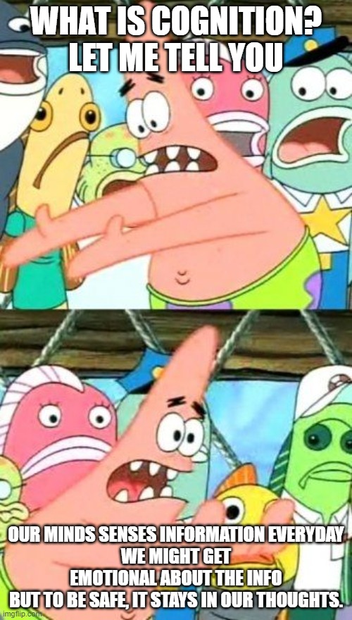 Put It Somewhere Else Patrick Meme | WHAT IS COGNITION? LET ME TELL YOU; OUR MINDS SENSES INFORMATION EVERYDAY
WE MIGHT GET EMOTIONAL ABOUT THE INFO
BUT TO BE SAFE, IT STAYS IN OUR THOUGHTS. | image tagged in memes,put it somewhere else patrick | made w/ Imgflip meme maker