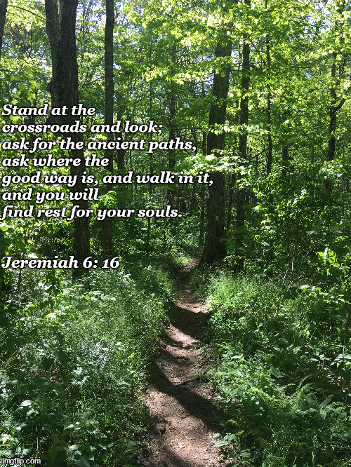 Rest for Your Soul | Stand at the crossroads and look;
ask for the ancient paths,
ask where the good way is, and walk in it,
and you will find rest for your souls. Jeremiah 6: 16 | image tagged in hiking | made w/ Imgflip meme maker