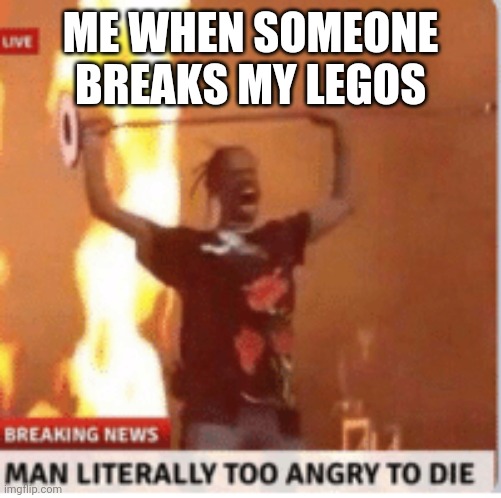 Months of building, WASTED! | ME WHEN SOMEONE BREAKS MY LEGOS | image tagged in man literally too angery to die | made w/ Imgflip meme maker